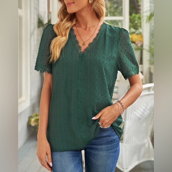 Emerald Green Dot Semi-Sheer Short Sleeve Blouse M - Picture 1 of 9
